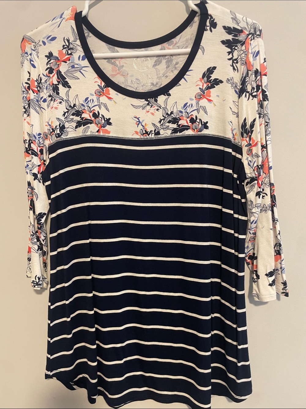 Maurices Navy & White Striped Long Sleeve Top with Floral Yoke